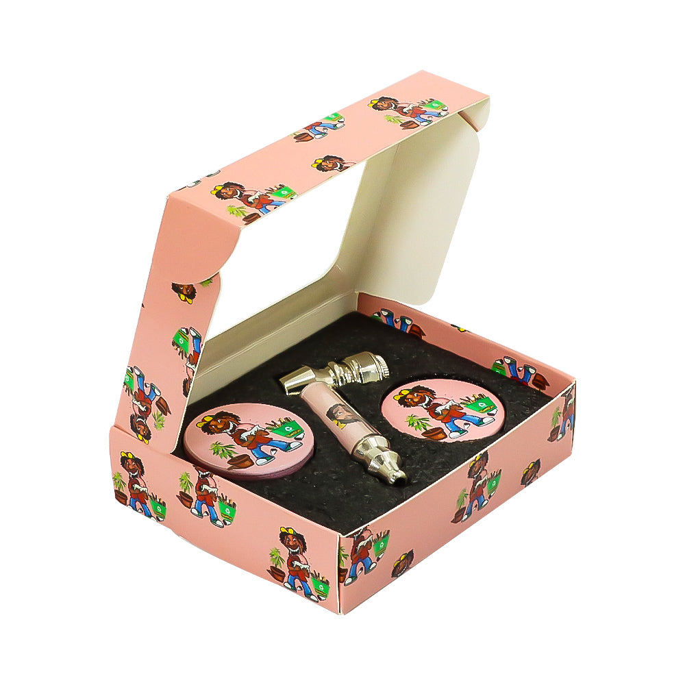 HONEYPUFF Pink Package Tobacco Pipe Kit, Glass Smoking Pipe With Metal Blow & 4 Lay Tobacco Grinder