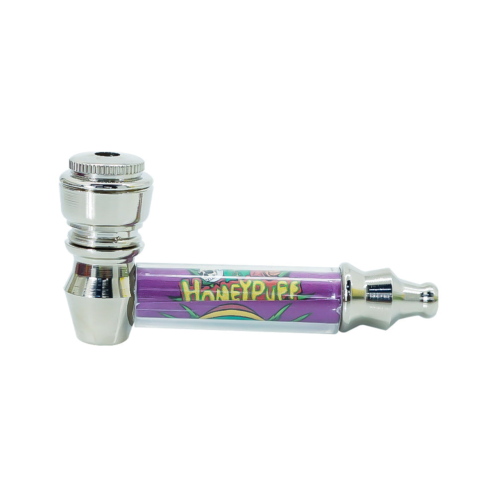 HONEYPUFF Purple Package Tobacco Pipe Kit, Glass Smoking Pipe With Metal Blow & 4 Lay Tobacco Grinder