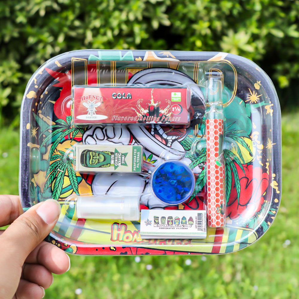 HONEYPUFF rolling tray kit, Cola Flavored 1 1/4 Size Rolling Paper, White Rolling Tip, Glass One Hitter, Plastic Herb Grinder