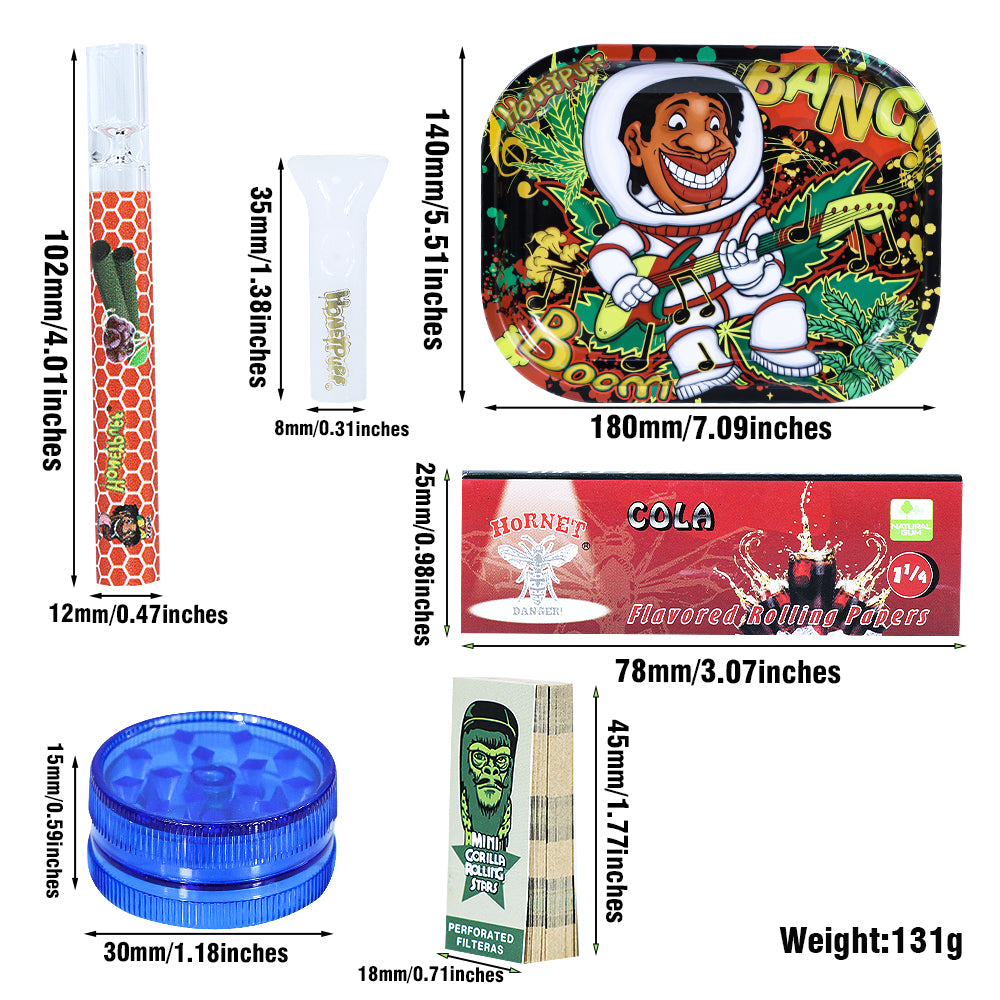 HONEYPUFF rolling tray kit, Cola Flavored 1 1/4 Size Rolling Paper, White Rolling Tip, Glass One Hitter, Plastic Herb Grinder