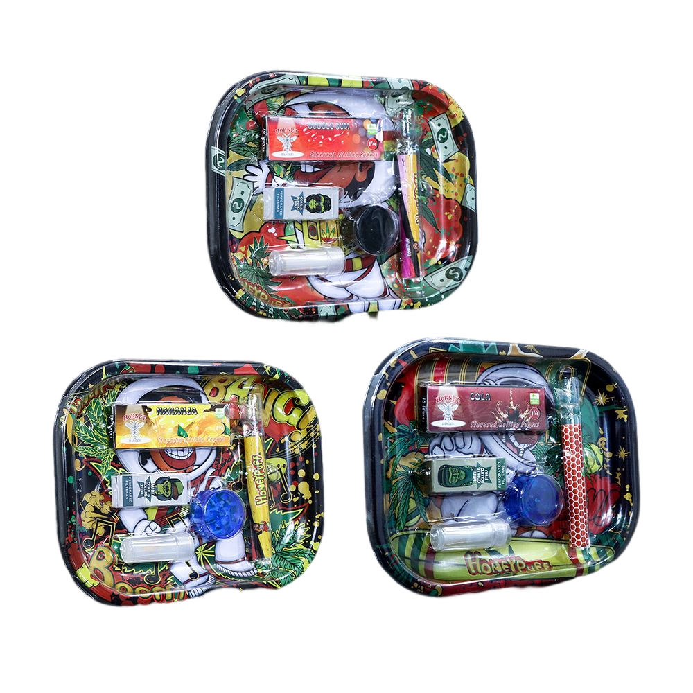 HONEYPUFF rolling tray kit, Cola Flavored 1 1/4 Size Rolling Paper, White Rolling Tip, Glass One Hitter, Plastic Herb Grinder