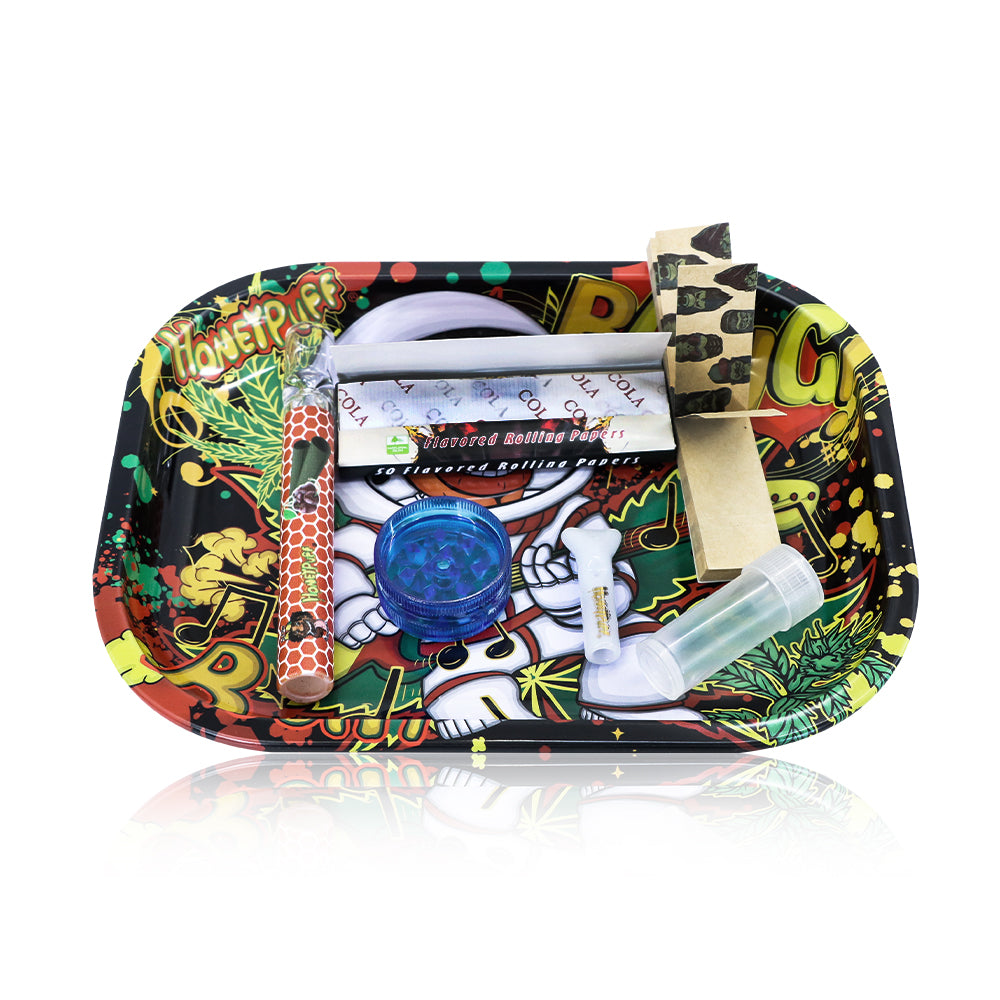 HONEYPUFF rolling tray kit, Cola Flavored 1 1/4 Size Rolling Paper, White Rolling Tip, Glass One Hitter, Plastic Herb Grinder