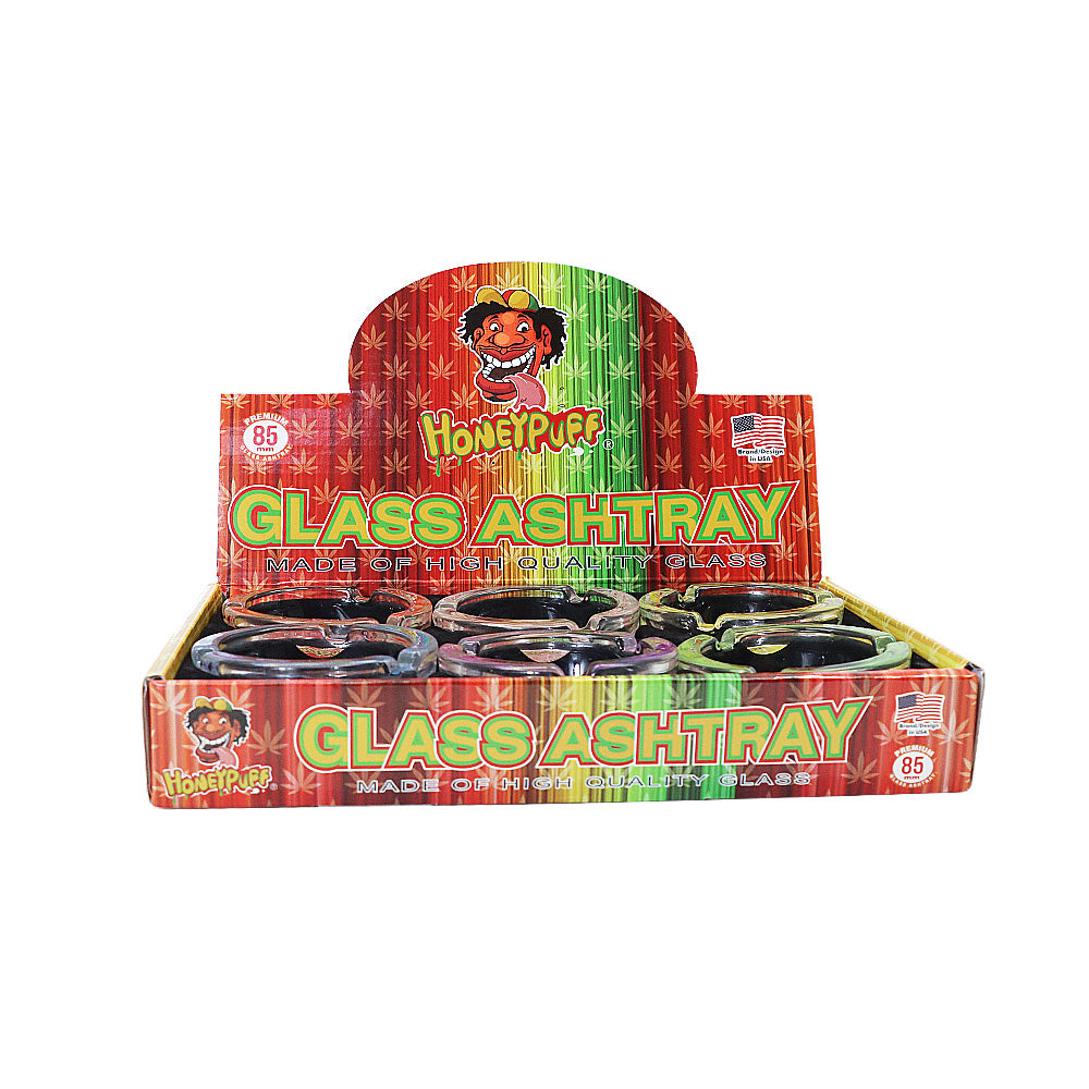 HONEYPUFF Decorative Clear Glass Ashtray, Portable Round Ash Trays, Tabletop Cigarette Ashtray with Cigarette Holder, Ø 66 mm High 35 mm Glass Ashtray, 6 PCS