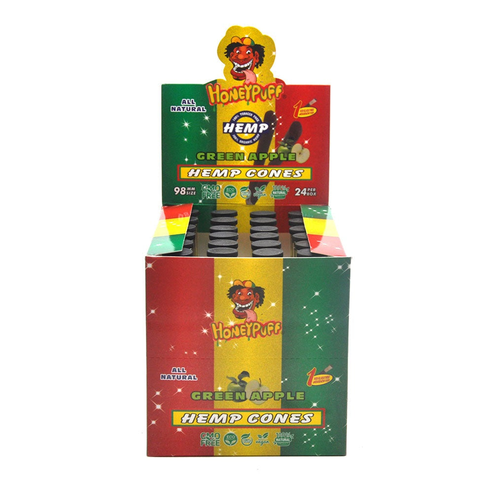 HONEYPUFF Green Apple Flavors Pre Rolled Cones with Wood Tips, King Size Rolling Paper & Glass Cigarette Holder, Slow Burning Rolling Cones, 1 PCS/ Tube 24 Tubes/Box