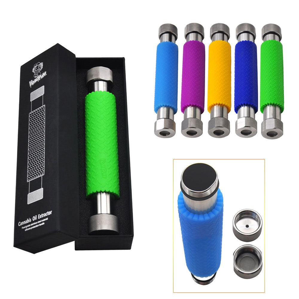 HONEYPUFF Stainless Steel Cannabis Oil Extractor; super easy to use and includes a heavy duty filter and silicone grip for ease of use.