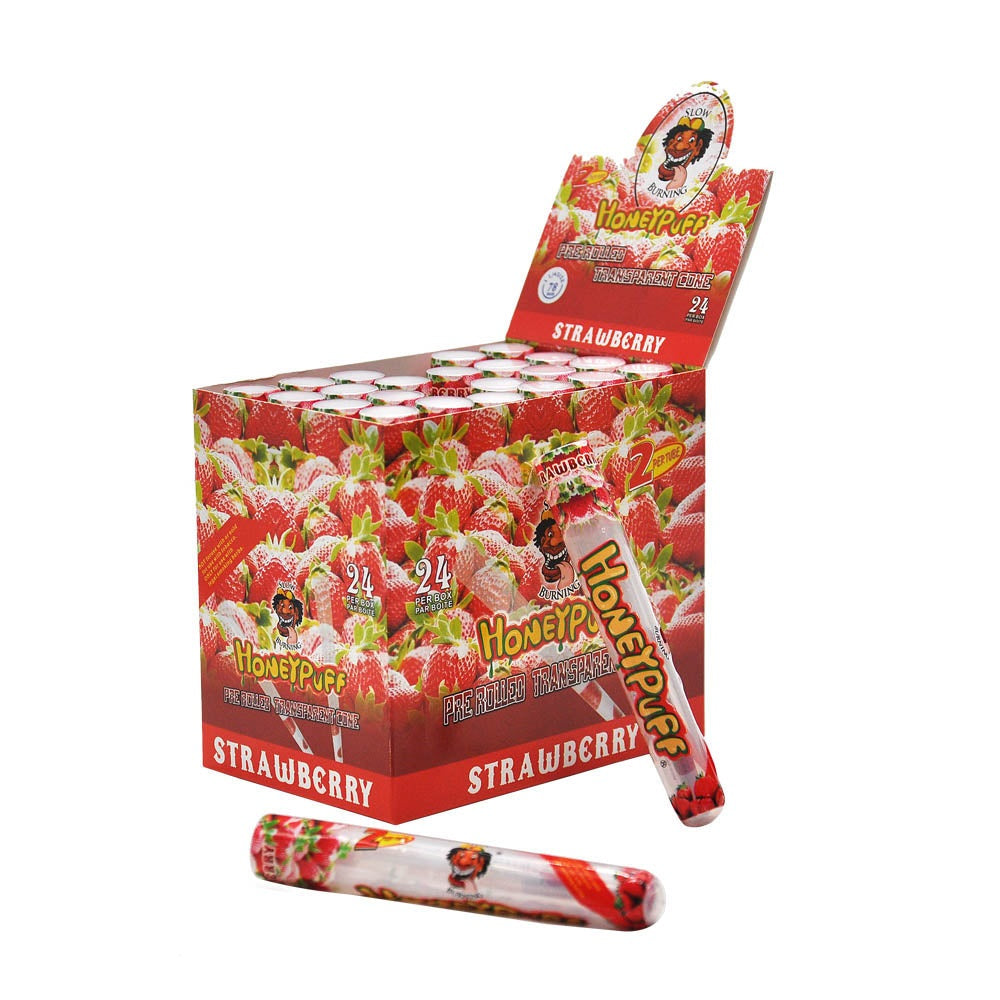 HONEYPUFF Strawberry Flavored Pre Rolled Cones, 1 1/4 Size Pre Rolled Rolling Paper with Tips, Transparent & Slow Burning Rolled Paper, 2 PCS per Tube