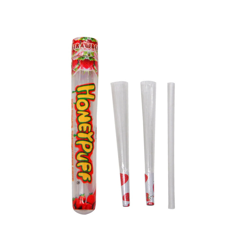 HONEYPUFF Strawberry Flavored Pre Rolled Cones, 1 1/4 Size Pre Rolled Rolling Paper with Tips, Transparent & Slow Burning Rolled Paper, 2 PCS per Tube