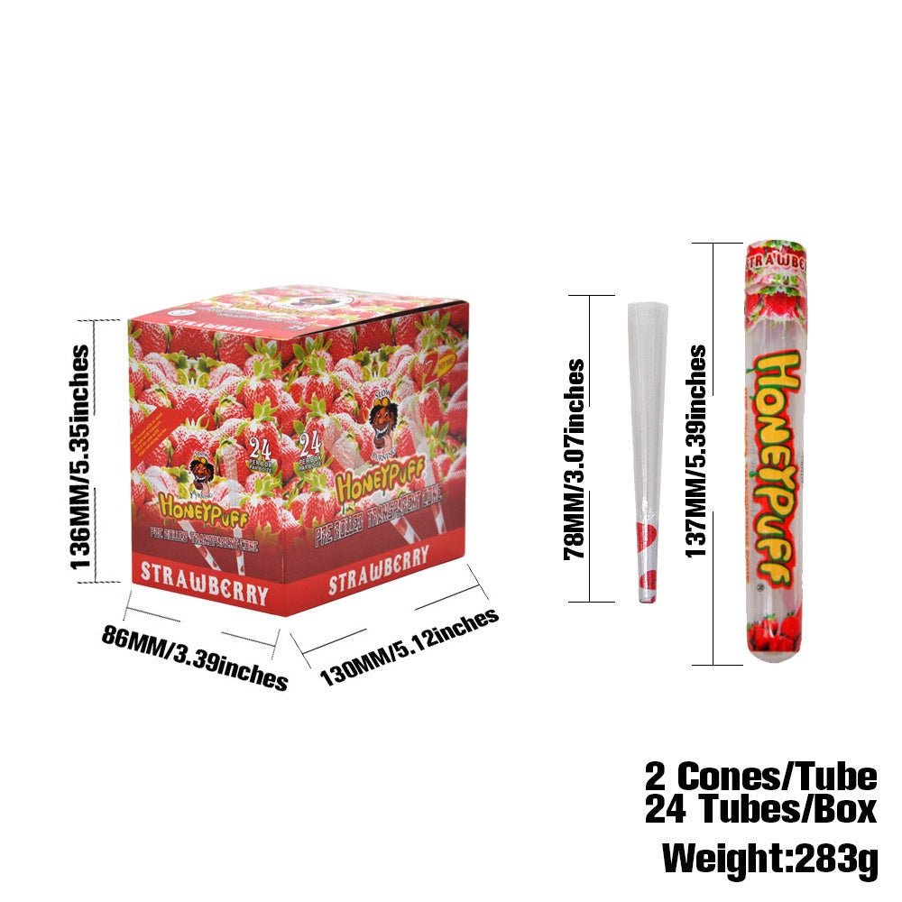 HONEYPUFF Strawberry Flavored Pre Rolled Cones, 1 1/4 Size Pre Rolled Rolling Paper with Tips, Transparent & Slow Burning Rolled Paper, 2 PCS per Tube