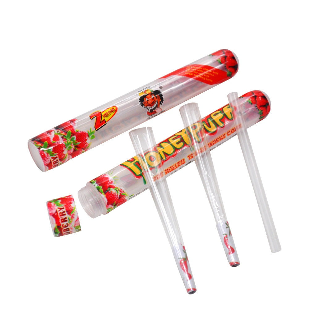 HONEYPUFF Strawberry Flavored Pre Rolled Cones, 1 1/4 Size Pre Rolled Rolling Paper with Tips, Transparent & Slow Burning Rolled Paper, 2 PCS per Tube