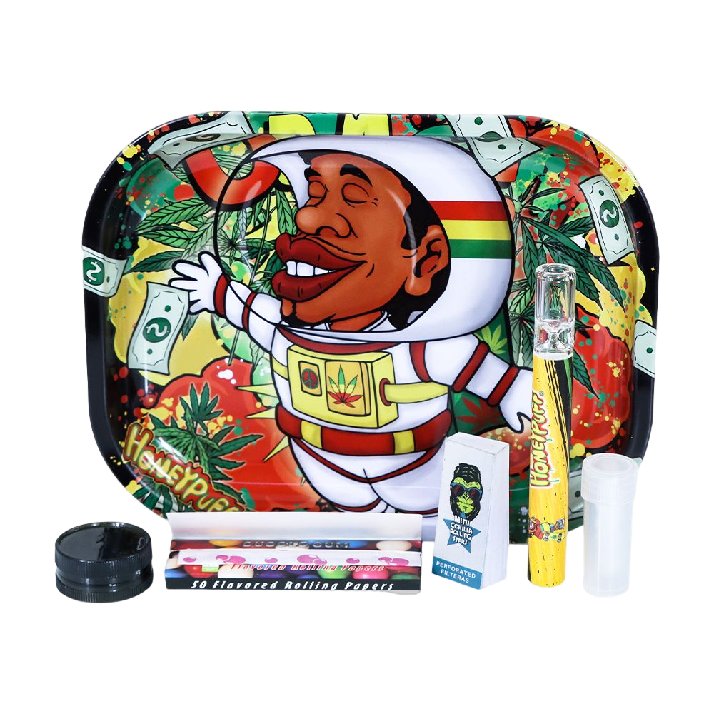 HONEYPUFF rolling tray kit, Cola Flavored 1 1/4 Size Rolling Paper, White Rolling Tip, Glass One Hitter, Plastic Herb Grinder